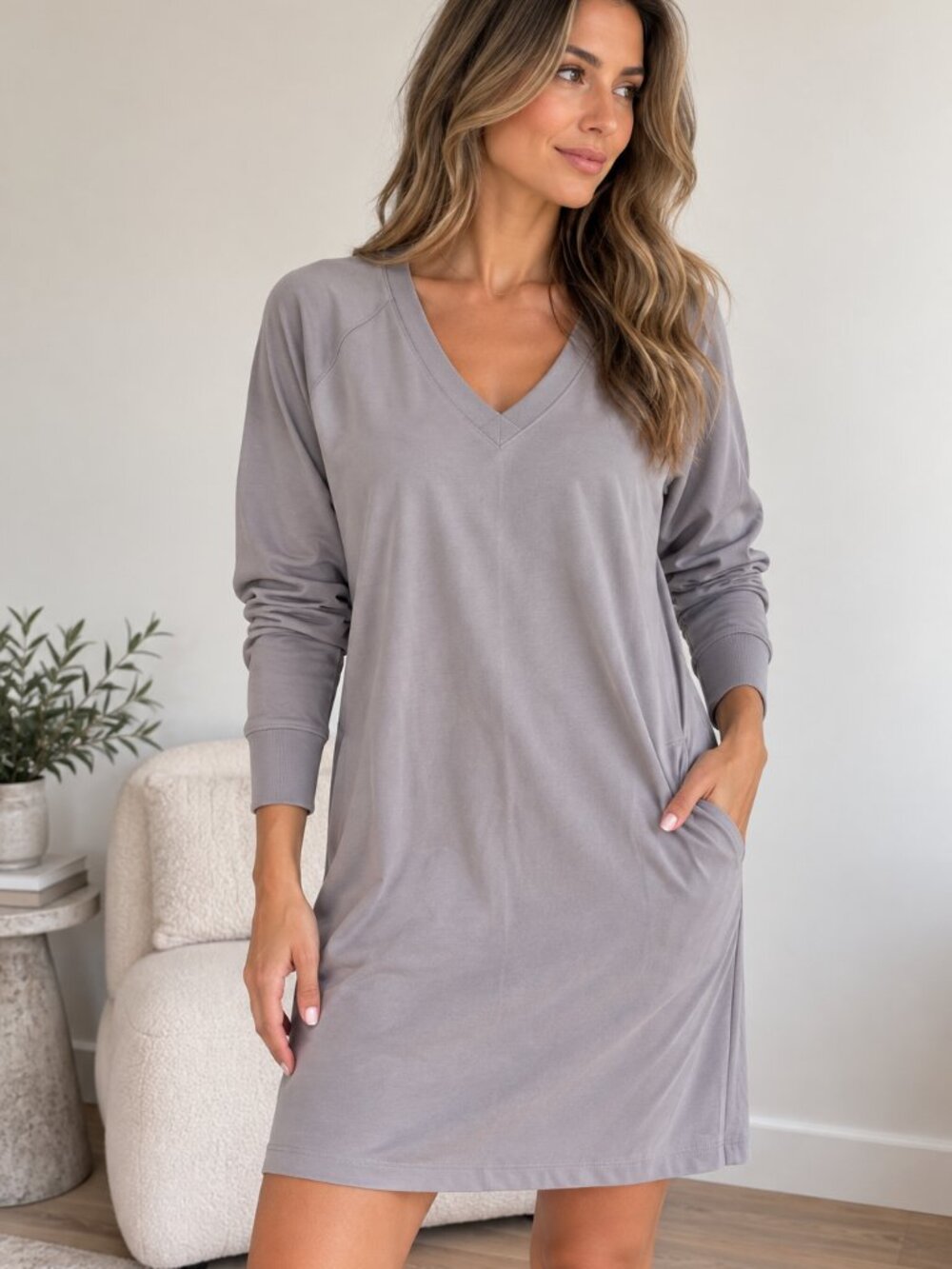 Athleta V-Neck Long Sleeve Sweatshirt Dress Gray – Size Small NWT